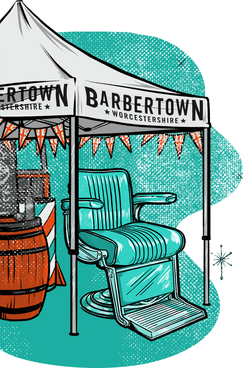 Illustration of a barber chair and gazebo